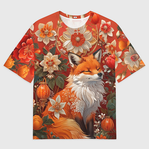 Женская футболка оверсайз Умилительный лисёнок в цветах / 3D-принт – фото 1