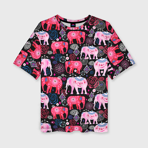 Женская футболка оверсайз Орнамент разноцветных слонов / 3D-принт – фото 1
