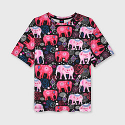 Женская футболка оверсайз Орнамент разноцветных слонов