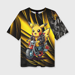 Женская футболка оверсайз Пикачу на красном мотоцикле