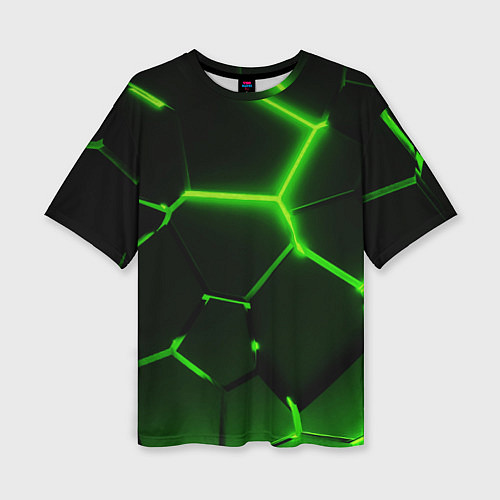 Женская футболка оверсайз Темные зеленые неоновые плиты в разломе / 3D-принт – фото 1