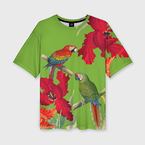 Женская футболка оверсайз Попугаи среди цветов / 3D-принт – фото 1