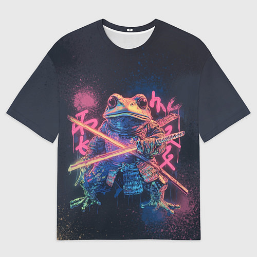 Женская футболка оверсайз Самурай жаба - неоновое граффити крупно / 3D-принт – фото 1