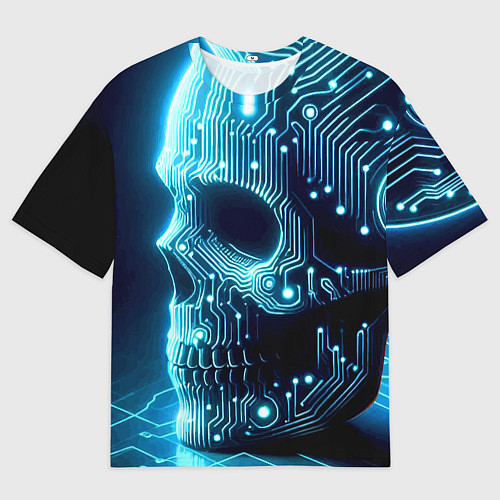 Женская футболка оверсайз Cyber neon skull - ai art с дорожками на плате / 3D-принт – фото 1