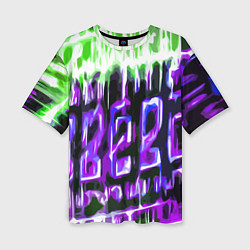 Футболка оверсайз женская Фиолетово-зелёная абстракция на чёрном фоне, цвет: 3D-принт
