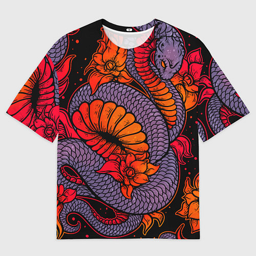 Женская футболка оверсайз Цветы и змея - Японский стиль / 3D-принт – фото 1