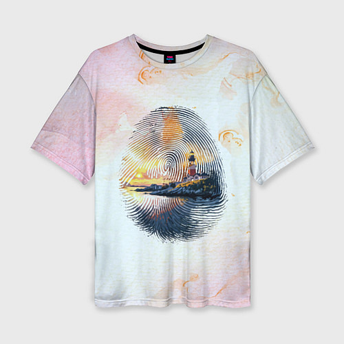 Женская футболка оверсайз Маяк у моря на закате в отпечатке пальца / 3D-принт – фото 1