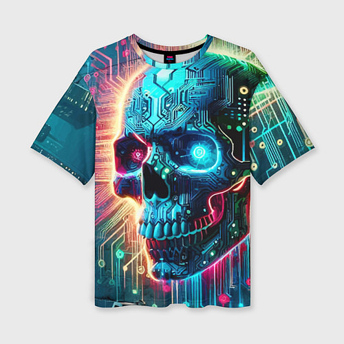 Женская футболка оверсайз Cool cyber skull - neon glow / 3D-принт – фото 1