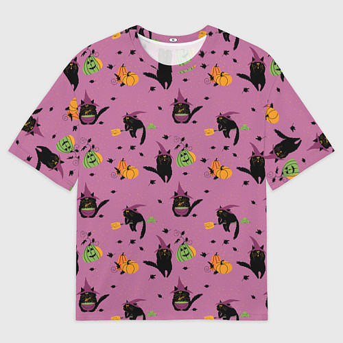 Женская футболка оверсайз Хэллоуин и кот ведьмы / 3D-принт – фото 1