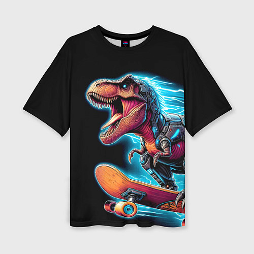 Женская футболка оверсайз Cool Dino on a skateboard - neon glow fantasy / 3D-принт – фото 1