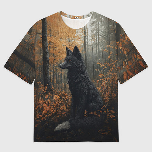 Женская футболка оверсайз Черный лис в осеннем лесу / 3D-принт – фото 1