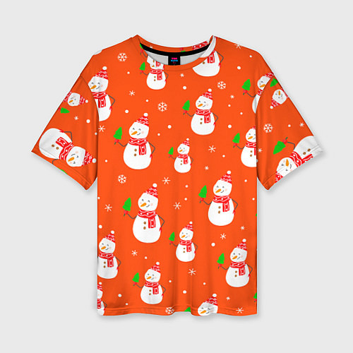 Женская футболка оверсайз Новогодние снеговики паттерн / 3D-принт – фото 1