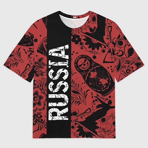 Женская футболка оверсайз Россия на фоне матрёшек балалайки и славянских узо / 3D-принт – фото 1