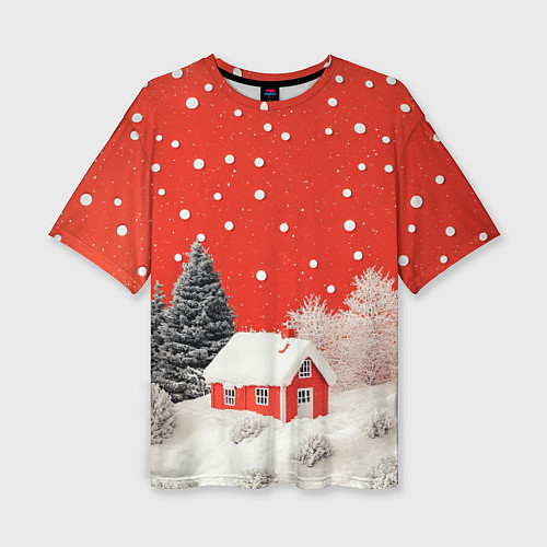 Женская футболка оверсайз Новогодний домик и красное небо / 3D-принт – фото 1