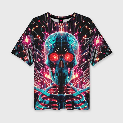 Женская футболка оверсайз Neon cyber skull - ai art fantasy / 3D-принт – фото 1