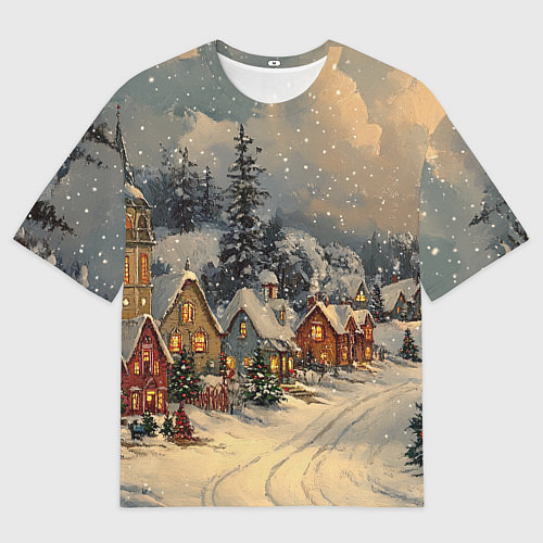 Женская футболка оверсайз Новогодние зимние домики / 3D-принт – фото 1