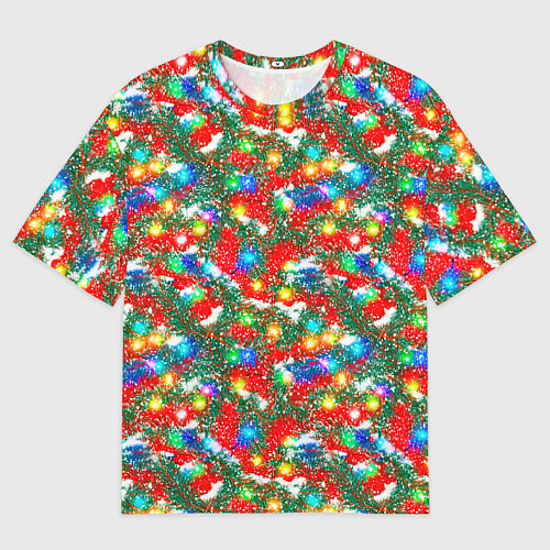 Женская футболка оверсайз Яркие гирлянды на еловых ветках / 3D-принт – фото 1