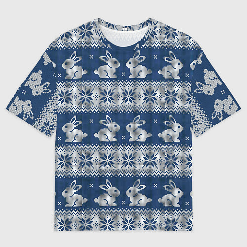 Женская футболка оверсайз Вязаный зимний узор с милыми зайчатами / 3D-принт – фото 1