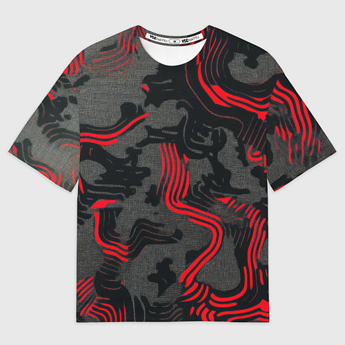 Женская футболка оверсайз Камуфляж черный в красную полоску / 3D-принт – фото 1