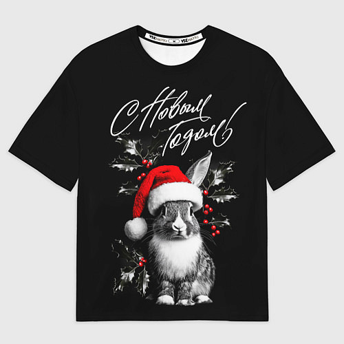 Женская футболка оверсайз Милый кролик в шапке Деда Мороза / 3D-принт – фото 1