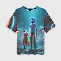 Футболка оверсайз женская Морти и Рик в сказочном неоновом грибном лесу, цвет: 3D-принт