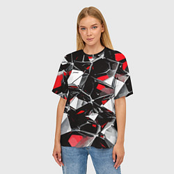 Футболка оверсайз женская Красно-белый паттерн на чёрном фоне, цвет: 3D-принт — фото 2