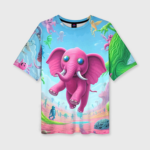 Женская футболка оверсайз Парящий в воздухе розовый слон - сюрреализм / 3D-принт – фото 1