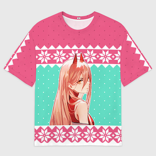 Женская футболка оверсайз Новогодний свитер Пауэр из Человек-бензопила / 3D-принт – фото 1