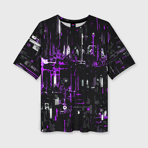 Женская футболка оверсайз Бело-фиолетовая тревожная абстракция на чёрном фон / 3D-принт – фото 1