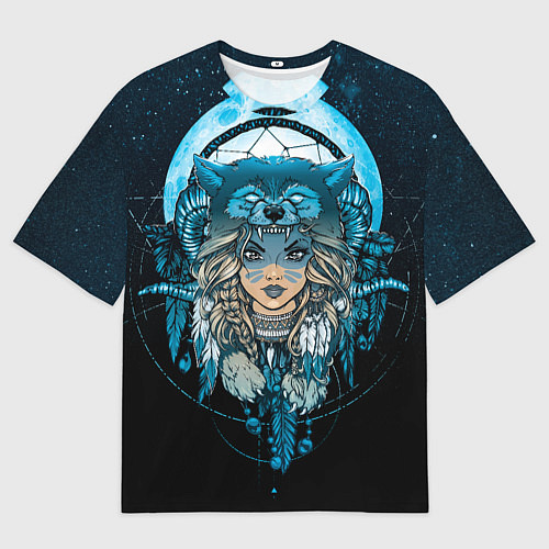 Женская футболка оверсайз Девушка-шаманка в шапке волка / 3D-принт – фото 1