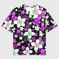 Футболка оверсайз женская Фиолетово-белые цветы на чёрном фоне, цвет: 3D-принт