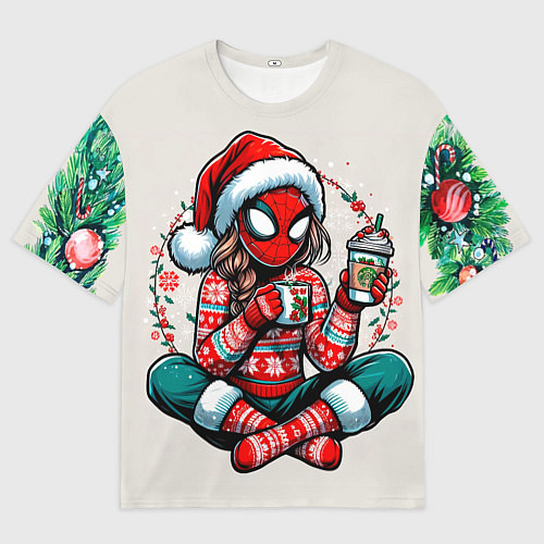 Женская футболка оверсайз Новогодняя женщина-паук с горячим шоколадом / 3D-принт – фото 1