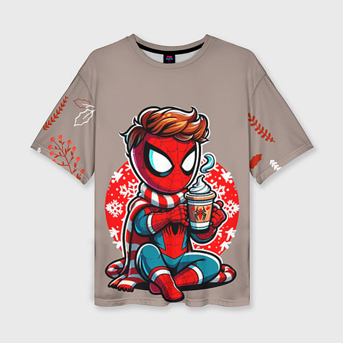 Женская футболка оверсайз Новогодний человек-паук с горячим шоколадом / 3D-принт – фото 1