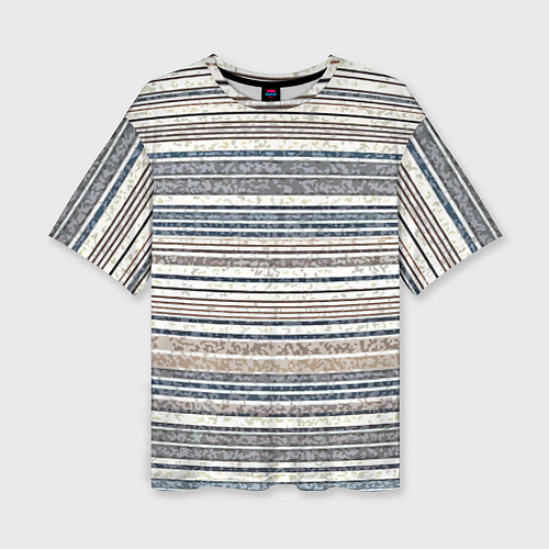 Женская футболка оверсайз Светлый бежевый с синим текстурированные полосы / 3D-принт – фото 1