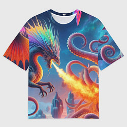 Футболка оверсайз женская Огнедышащий дракон против осьминога - нейроарт фан, цвет: 3D-принт