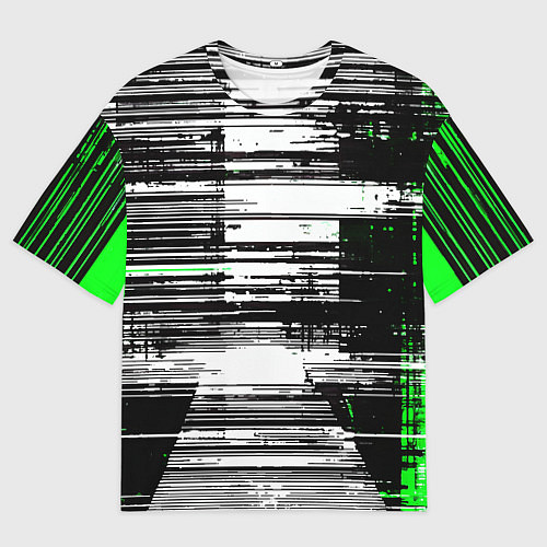 Женская футболка оверсайз Горизонтальные чёрные линии на бело-зелёном фоне / 3D-принт – фото 1