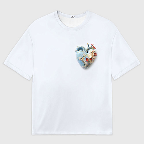 Женская футболка оверсайз Сердце и ветка цветущая сакура с цветами / 3D-принт – фото 1