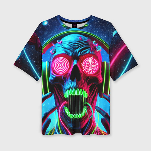 Женская футболка оверсайз Metallica - neon skull with headphones / 3D-принт – фото 1