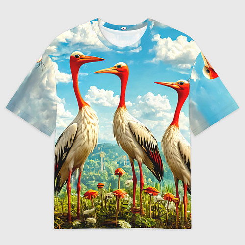 Женская футболка оверсайз Аисты в горах / 3D-принт – фото 1