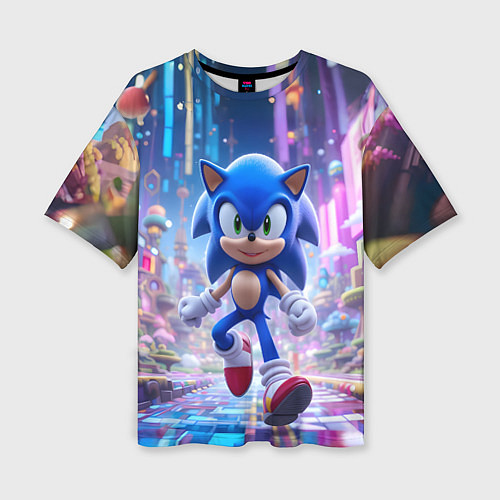 Женская футболка оверсайз Sonic в неоновом городе / 3D-принт – фото 1