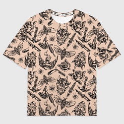 Футболка оверсайз женская Татуировка с цикадой и демоном Они - паттерн, цвет: 3D-принт