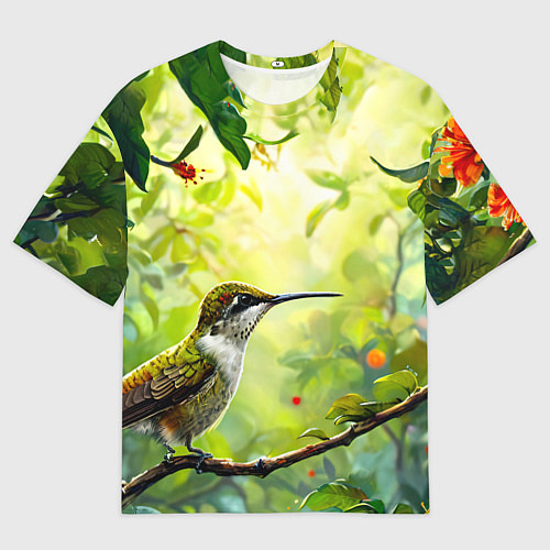 Женская футболка оверсайз Колибри в цветах / 3D-принт – фото 1