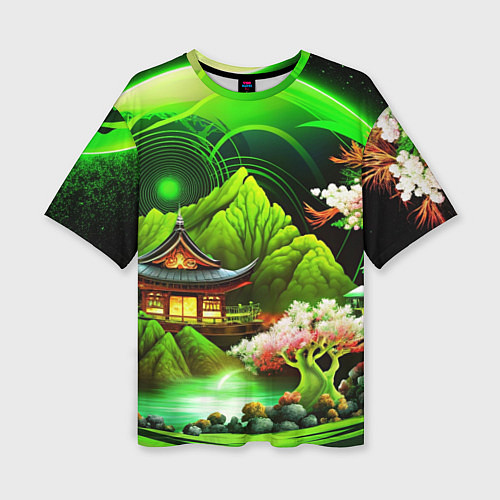Женская футболка оверсайз Природа Японии в зеленых цветах / 3D-принт – фото 1