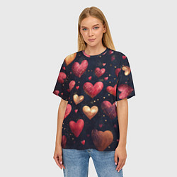 Футболка оверсайз женская Красные и золотые сердечки, цвет: 3D-принт — фото 2
