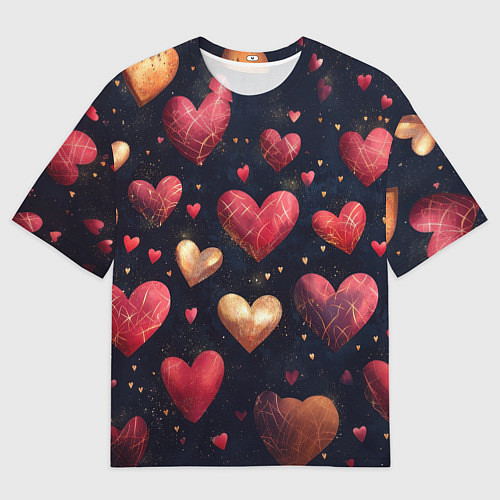 Женская футболка оверсайз Красные и золотые сердечки / 3D-принт – фото 1