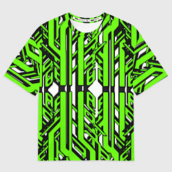 Футболка оверсайз женская Чёрно-зелёные техно полосы на белом фоне, цвет: 3D-принт