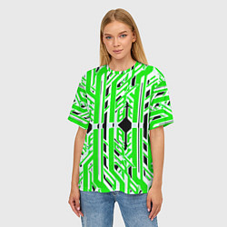 Футболка оверсайз женская Бело-зелёные техно полосы на чёрном фоне, цвет: 3D-принт — фото 2
