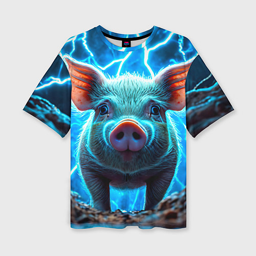 Женская футболка оверсайз Свинья и разряды молний / 3D-принт – фото 1