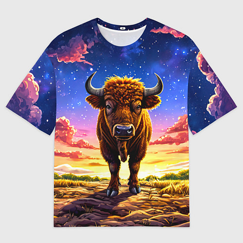 Женская футболка оверсайз Буйвол в звездной ночи / 3D-принт – фото 1