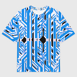 Футболка оверсайз женская Бело-синие техно полосы на чёрном фоне, цвет: 3D-принт